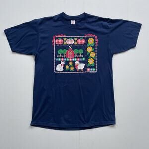 Vtg 90's Navy Animal Farm T-Shirt / L / Single Stitch Cottagecore Nature USA